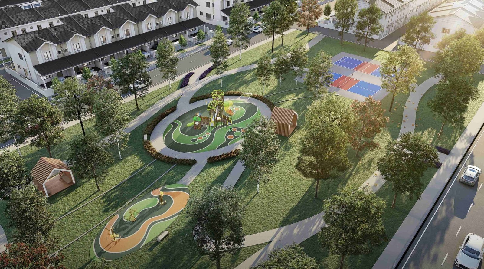 Aerial view of the play lawn and multipurpose courts